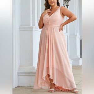 NWT Plus Size Chiffon Formal V-Neck High-Low Cocktail Dress - Baby Pink
